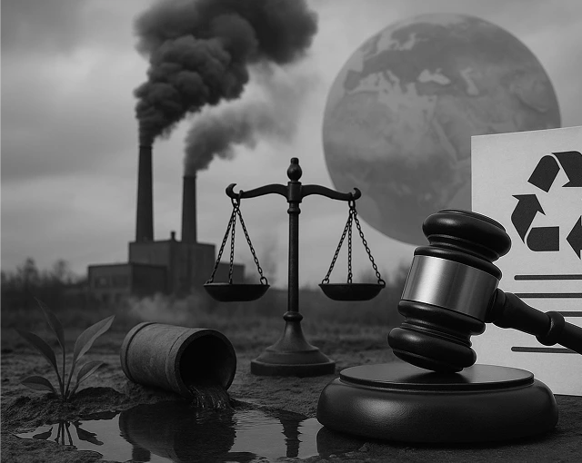 Conceptual black and white image depicting environmental justice, with a judge's gavel, scales of justice, recycling symbol, polluted water from a pipe, smoke-emitting factory chimneys, and a distant view of Earth.
