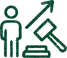 Icon of a person, upward arrow, and gavel indicating legal advocacy and personal growth